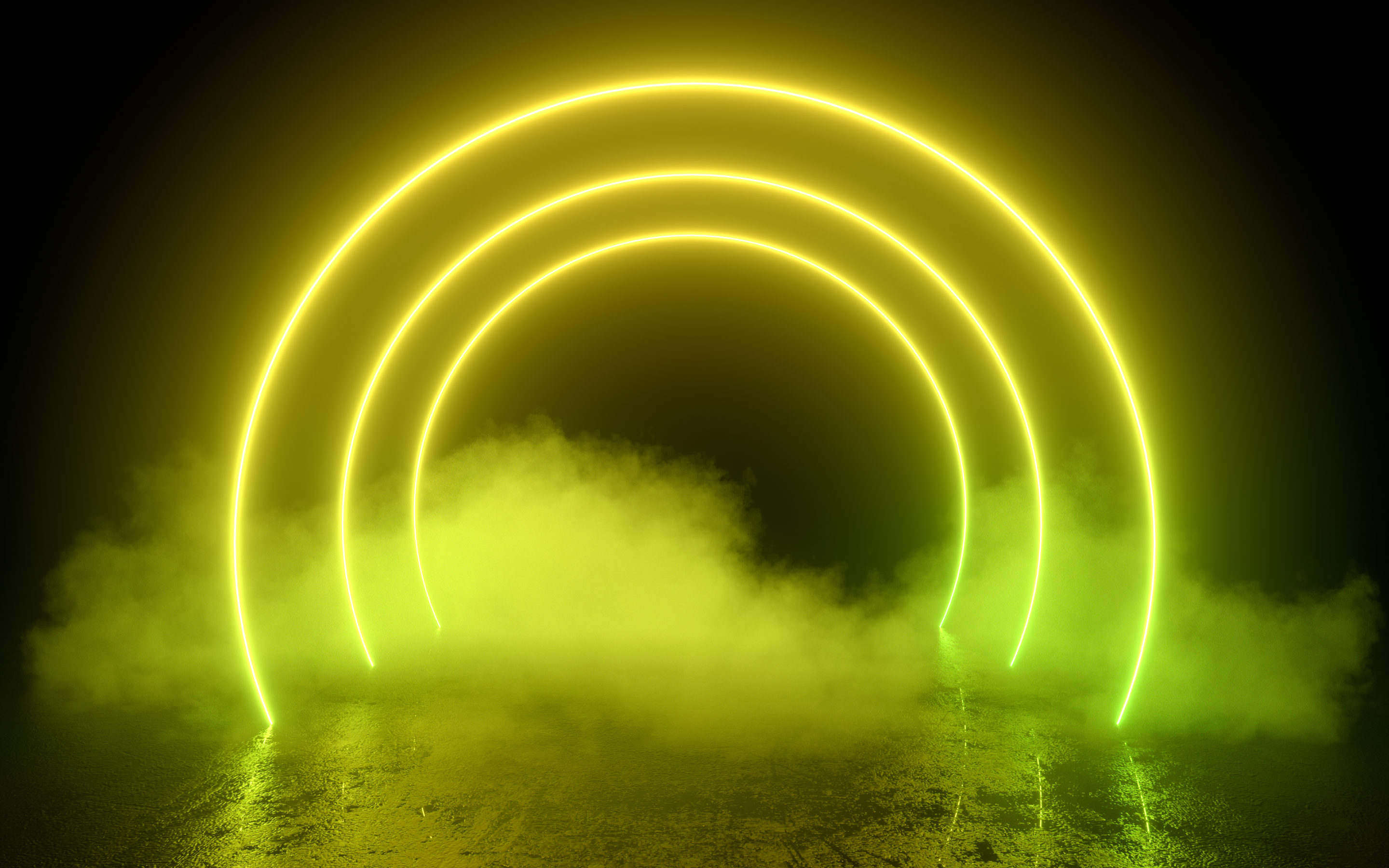 3d abstract background with ultraviolet neon lights, empty frame, cosmic landscape, glowing tunnel door with smoke