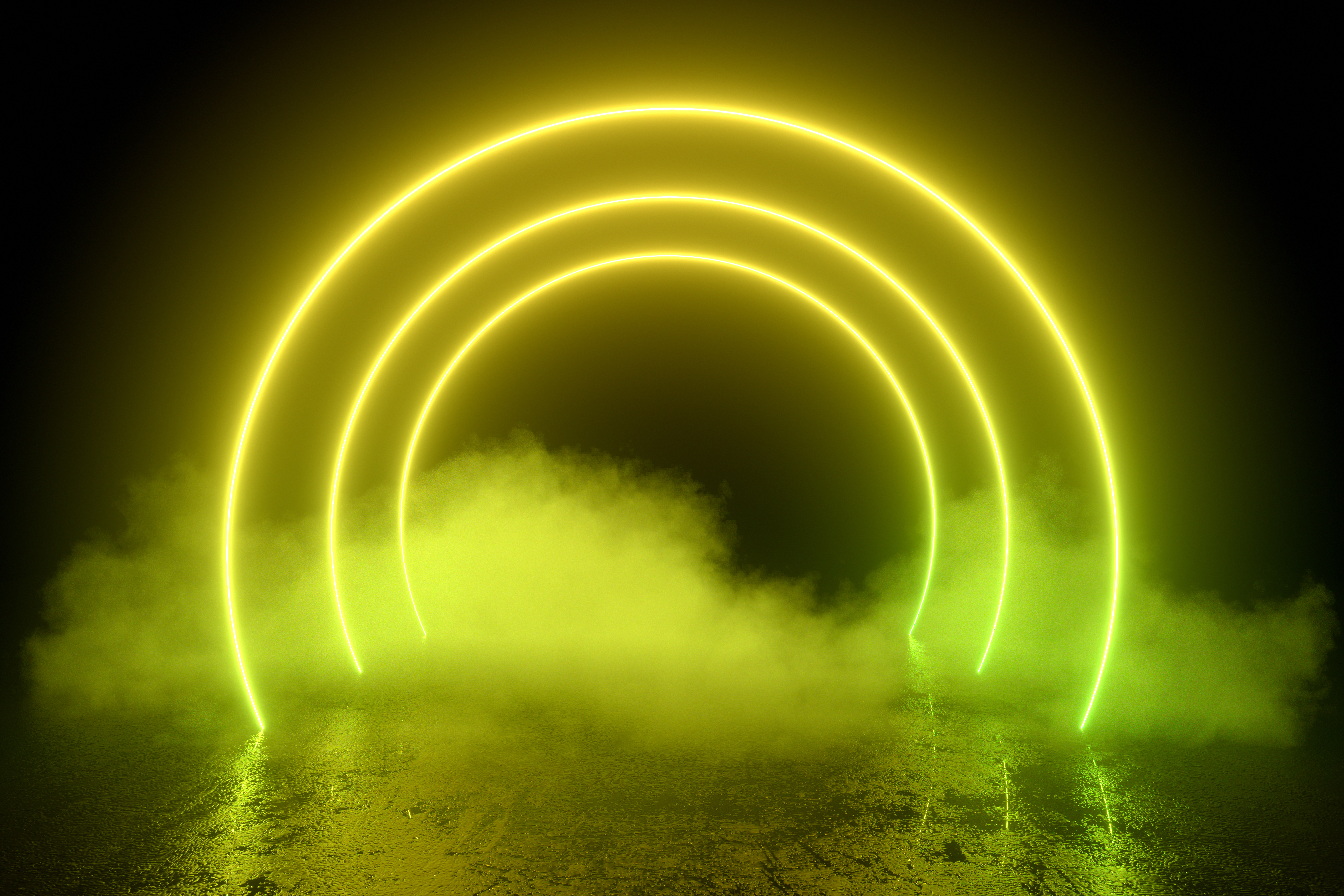 3d abstract background with ultraviolet neon lights, empty frame, cosmic landscape, glowing tunnel door with smoke
