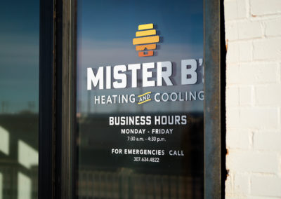 Mister Bs logo on window