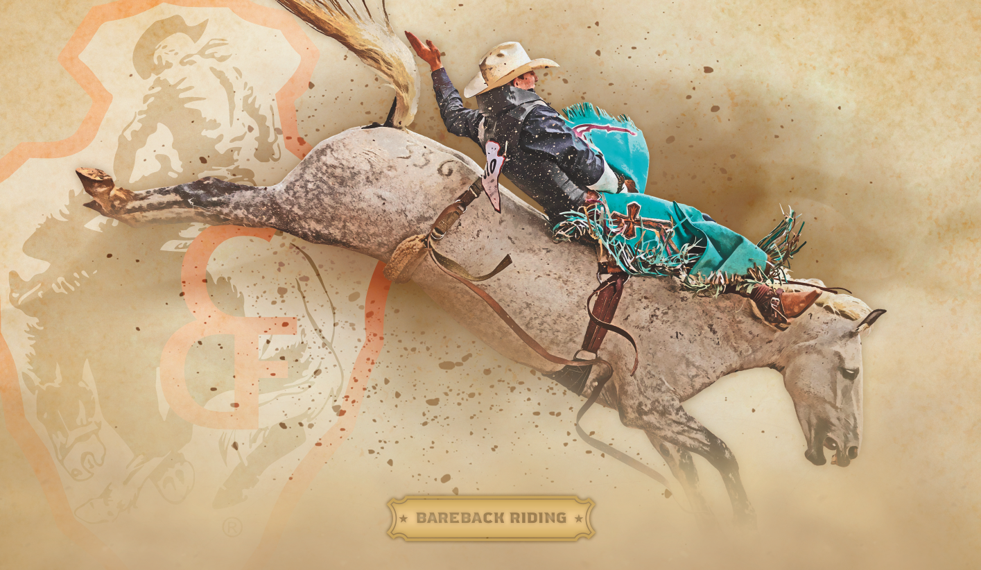 Artwork of a man riding a bucking horse