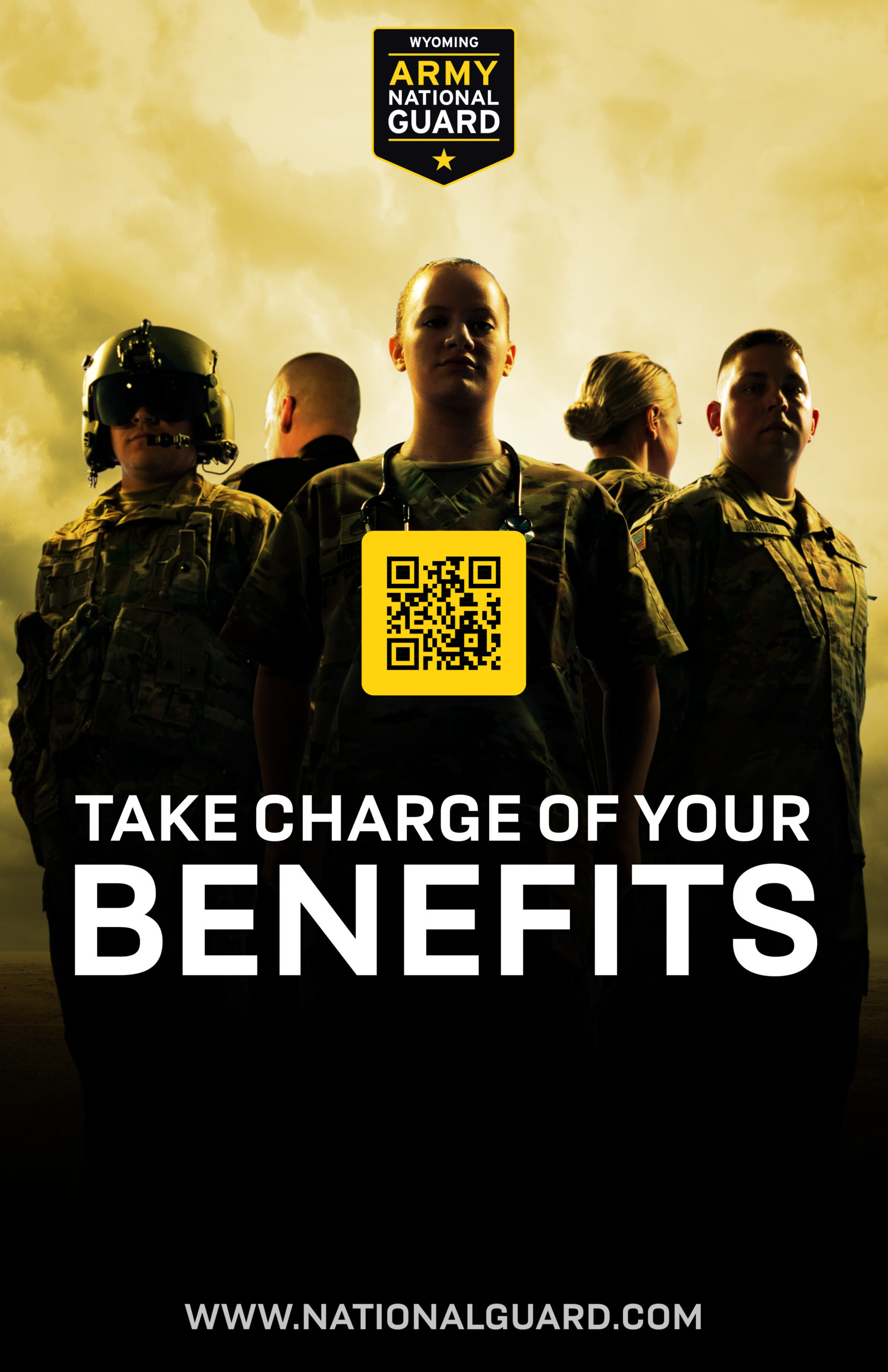 Poster with people dressed in National Guard Uniforms against a yellow background. The text reads "Take charge of your benefits"