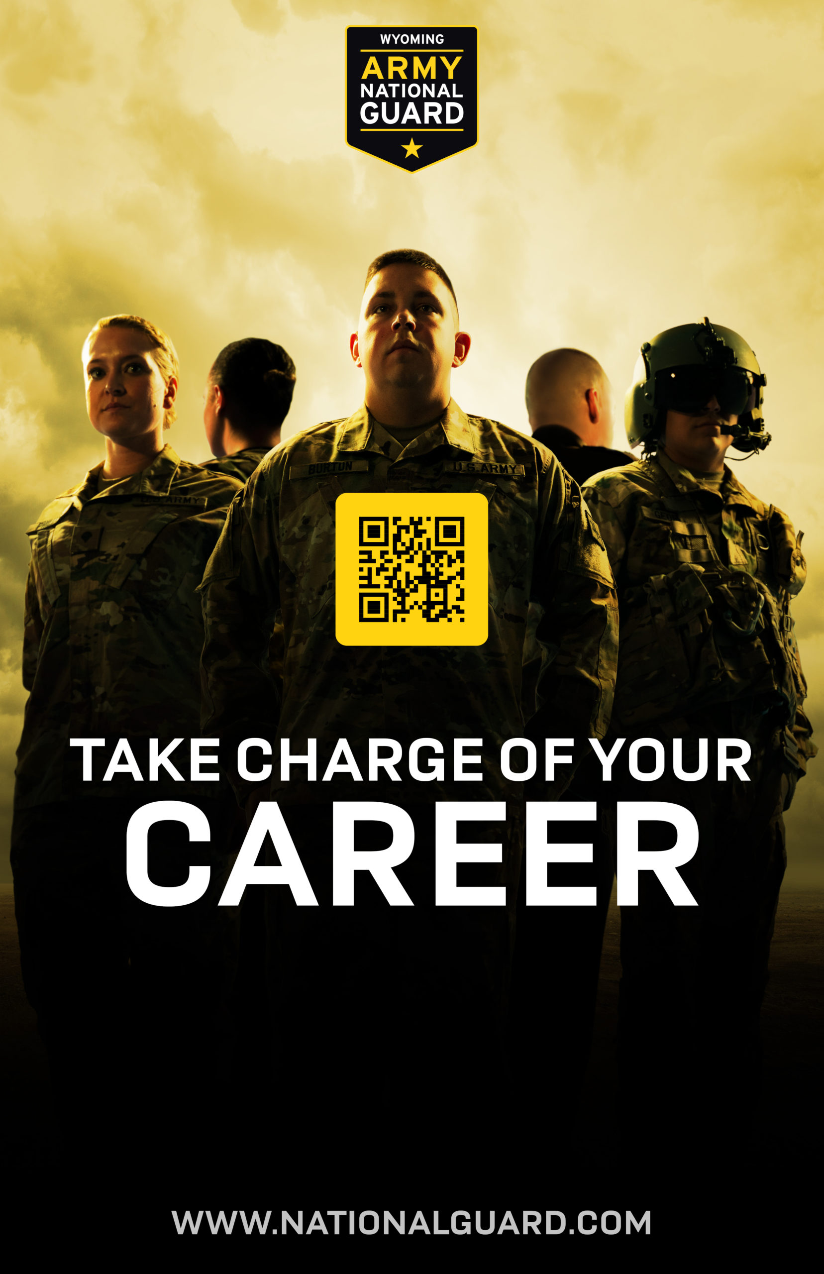 Poster with people dressed in National Guard Uniforms against a yellow background. The text reads "Take charge of your career"