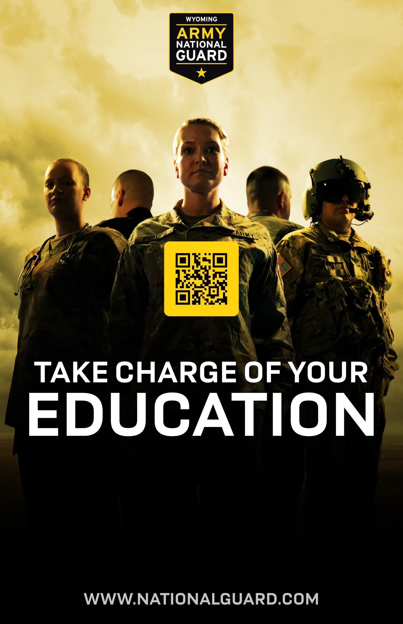Poster with people dressed in National Guard Uniforms against a yellow background. The text reads "Take charge of your education"