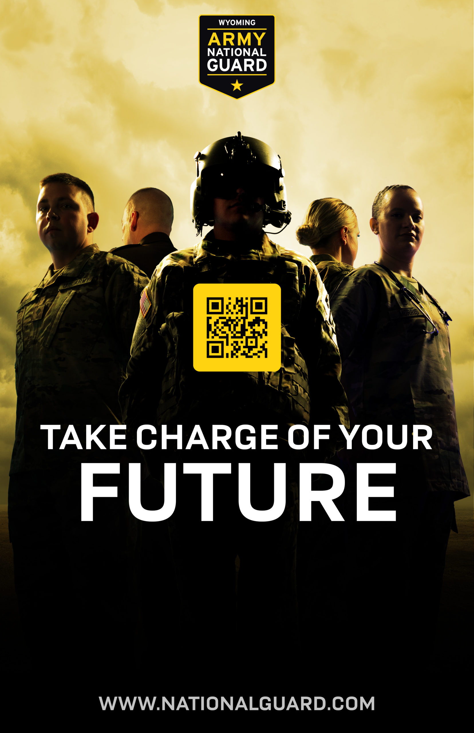 Poster with people dressed in National Guard Uniforms against a yellow background. The text reads "Take charge of your future"