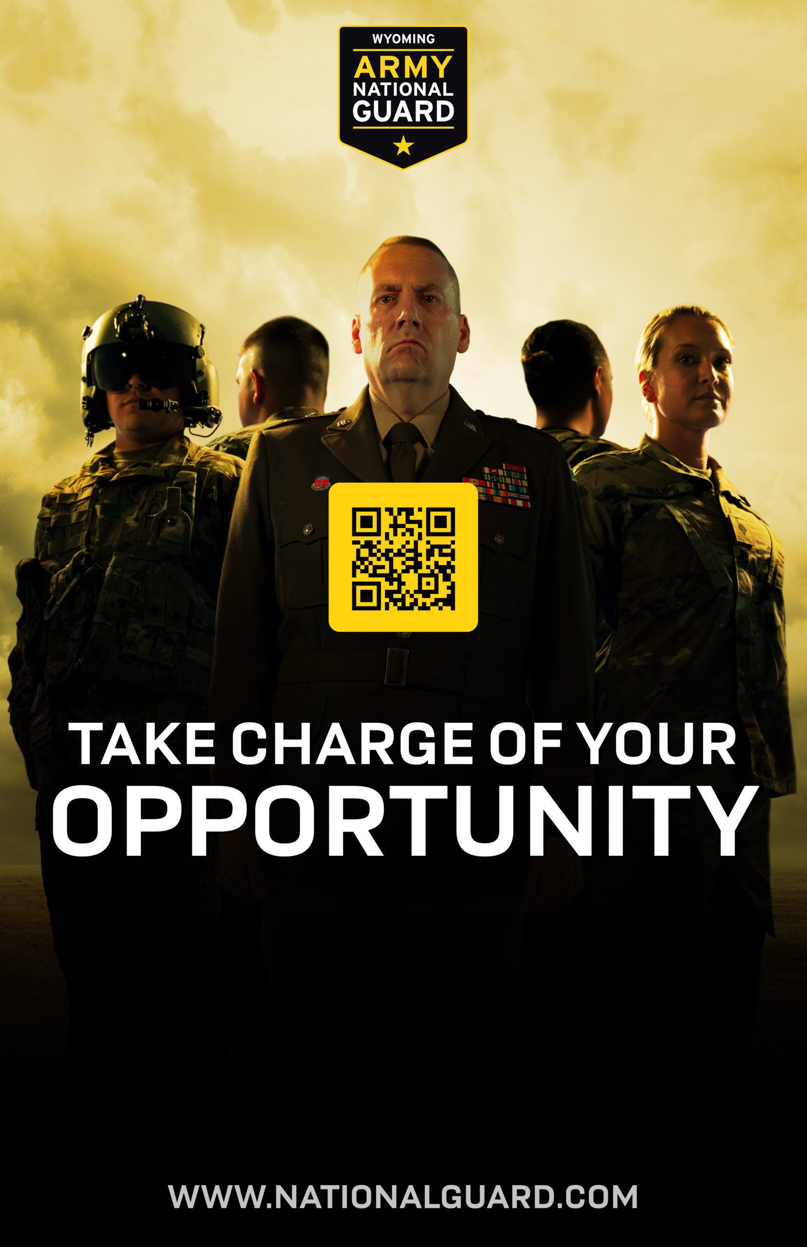 Poster with people dressed in National Guard Uniforms against a yellow background. The text reads "Take charge of your opportunity"